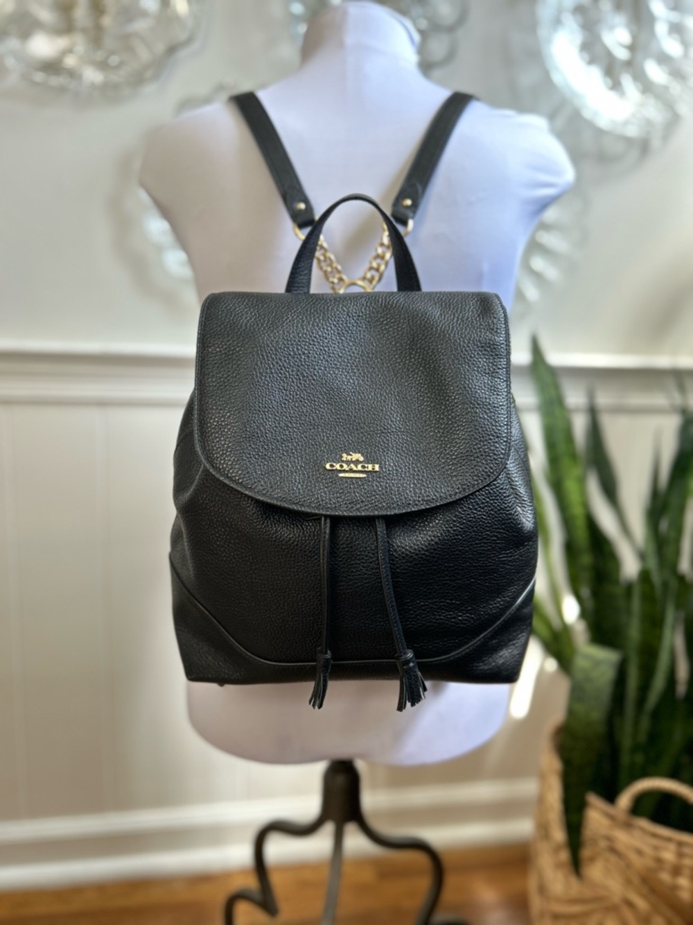 COACH Elle Drawstring Book Pack with Black Pebbled Leather Gold Hardware F27645